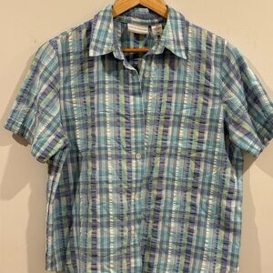 Alfred Dunner Blue and Green Plaid Short-Sleeve Button-Down Shirt